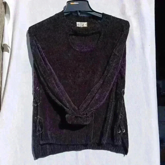 Hippie Rose L velour black rayon sweater criss cross accent normcore grunge - Picture 9 of 12